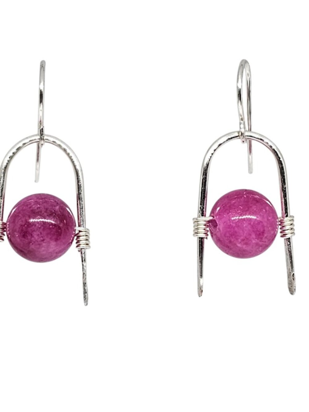 Handmade Pink Agate Gemstone Silver Tone Arch Dangle Boho Earrings